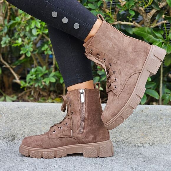 Womens Suede Nude Combat Ankle Boots Lace Up Heeled - Picture 1 of 5